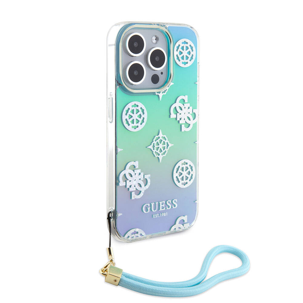 Apple iPhone 15 Pro Case Guess Original Licensed Patterned Text Logo Holographic Glitter Peony Cover Purple