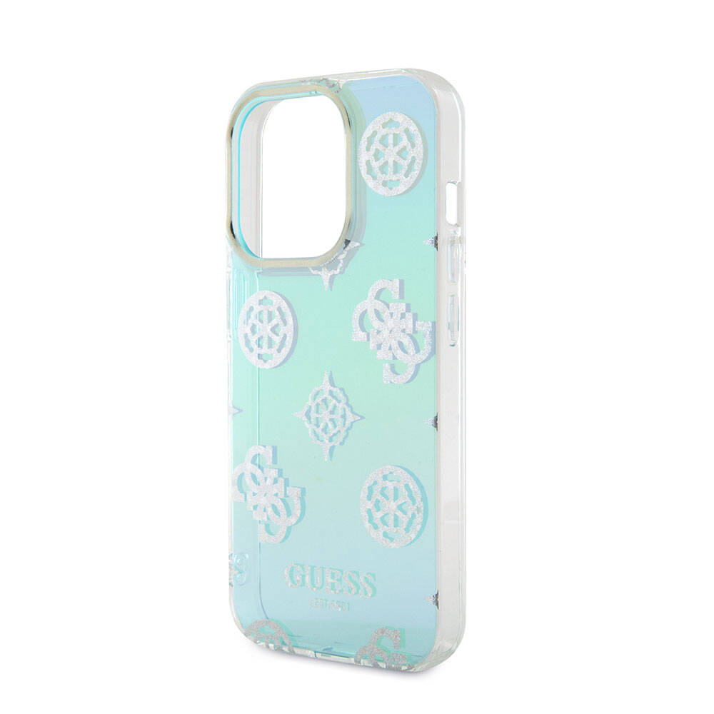 Apple iPhone 15 Pro Case Guess Original Licensed Patterned Text Logo Holographic Glitter Peony Cover Turquoise