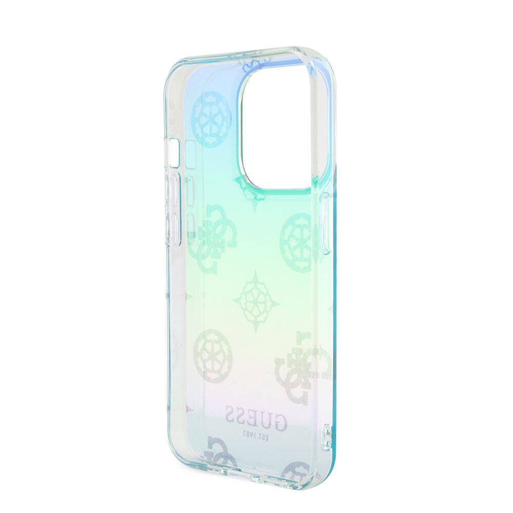 Apple iPhone 15 Pro Case Guess Original Licensed Patterned Text Logo Holographic Glitter Peony Cover Purple