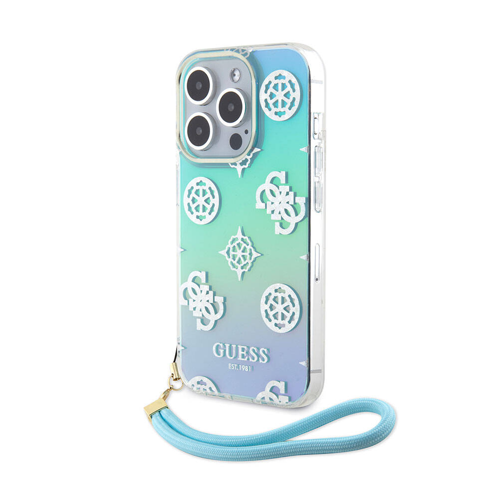 Apple iPhone 15 Pro Case Guess Original Licensed Patterned Text Logo Holographic Glitter Peony Cover Turquoise