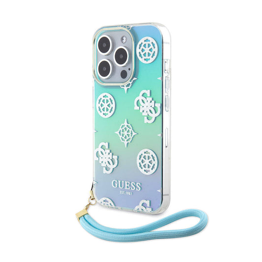 Apple iPhone 15 Pro Case Guess Original Licensed Patterned Text Logo Holographic Glitter Peony Cover Turquoise