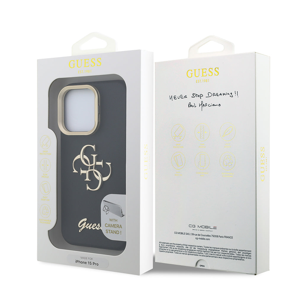 Apple iPhone 15 Pro Kılıf Guess Orjinal Lisanslı Grained Yazı Logolu Kamera Standlı Kapak Bej