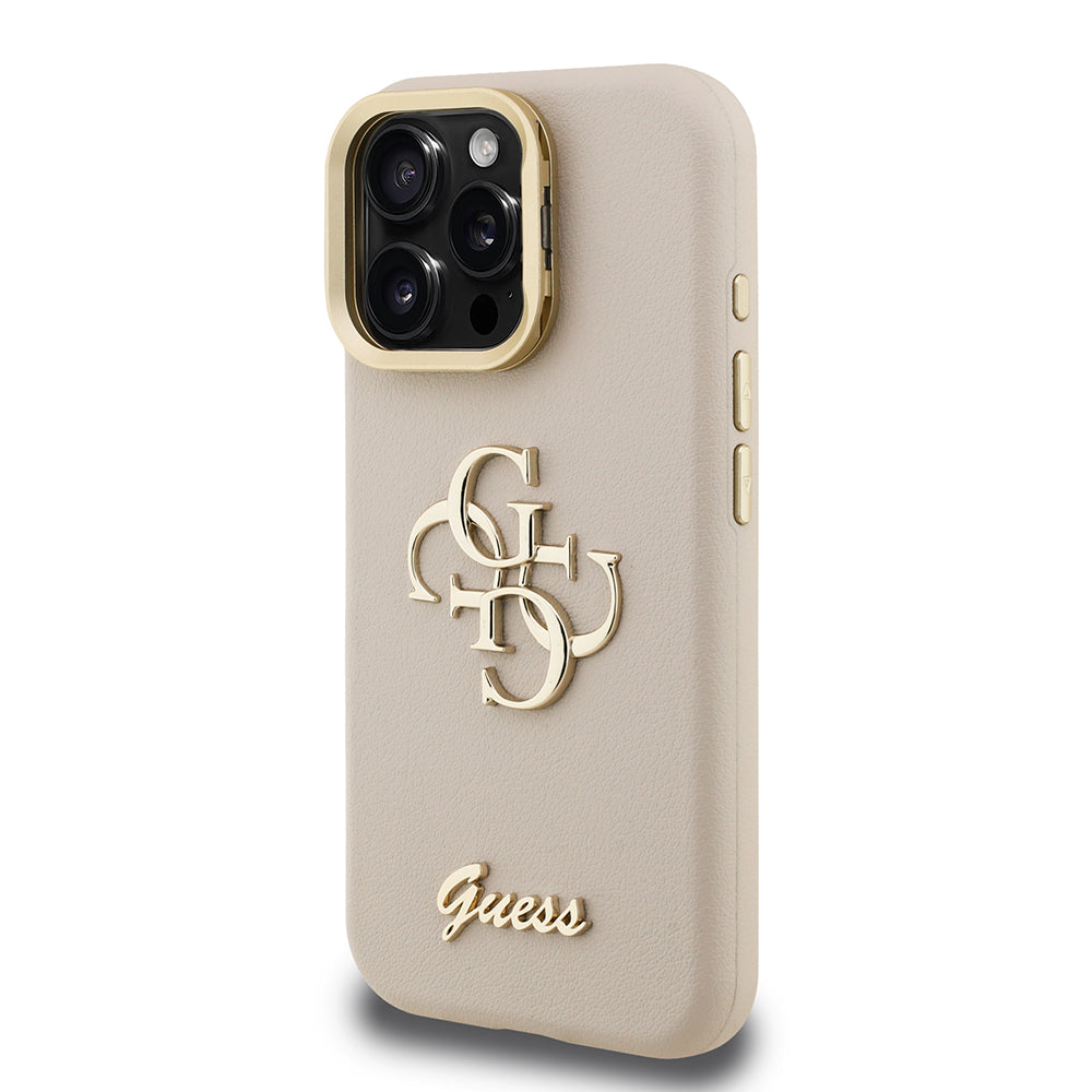 Apple iPhone 15 Pro Kılıf Guess Orjinal Lisanslı Grained Yazı Logolu Kamera Standlı Kapak Bej