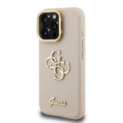 Apple iPhone 15 Pro Kılıf Guess Orjinal Lisanslı Grained Yazı Logolu Kamera Standlı Kapak Bej