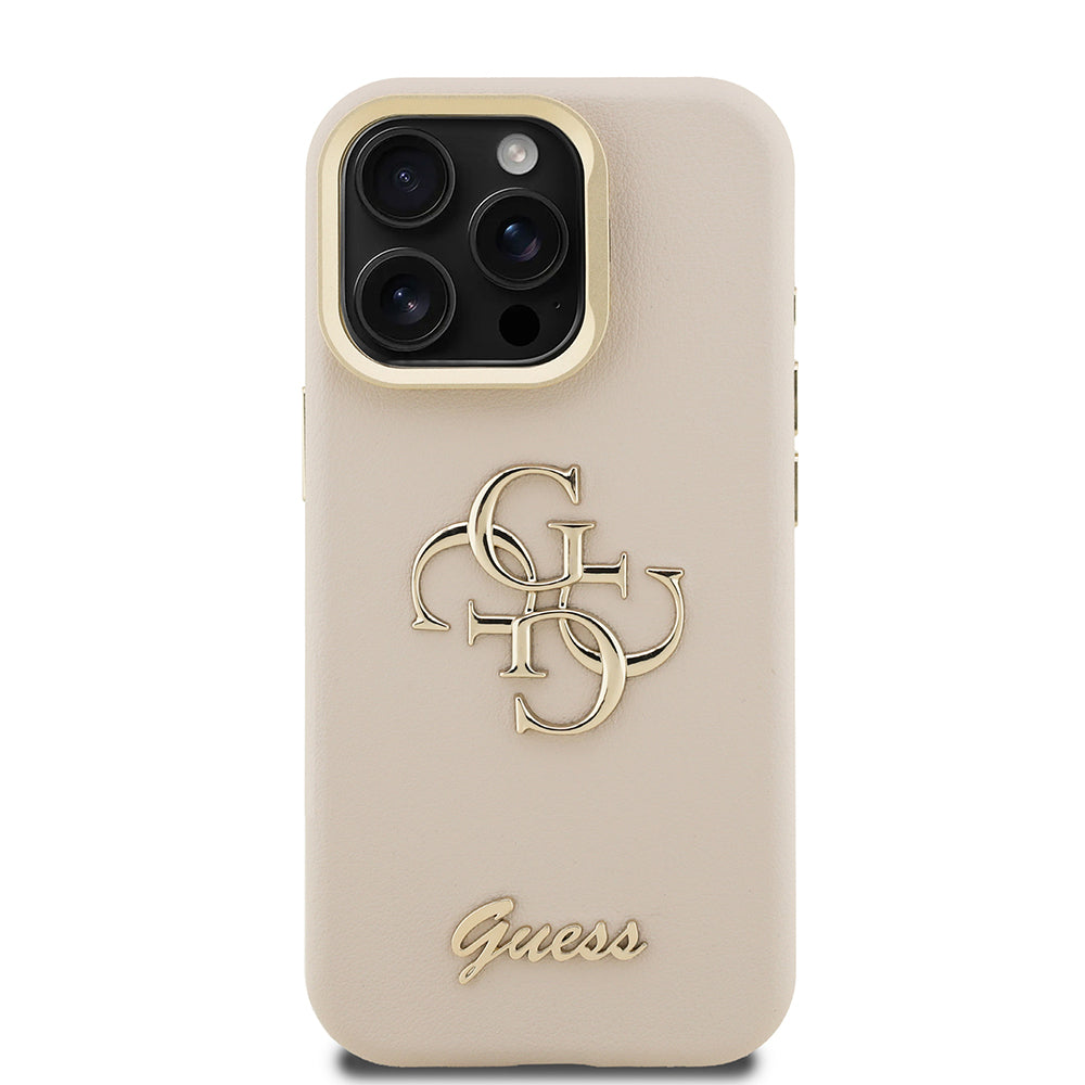 Apple iPhone 15 Pro Kılıf Guess Orjinal Lisanslı Grained Yazı Logolu Kamera Standlı Kapak Bej