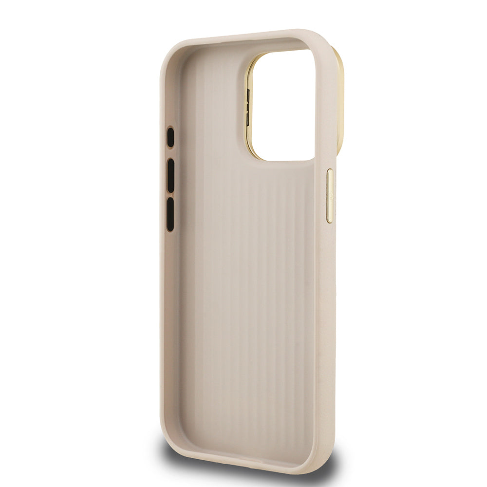 Apple iPhone 15 Pro Kılıf Guess Orjinal Lisanslı Grained Yazı Logolu Kamera Standlı Kapak Bej