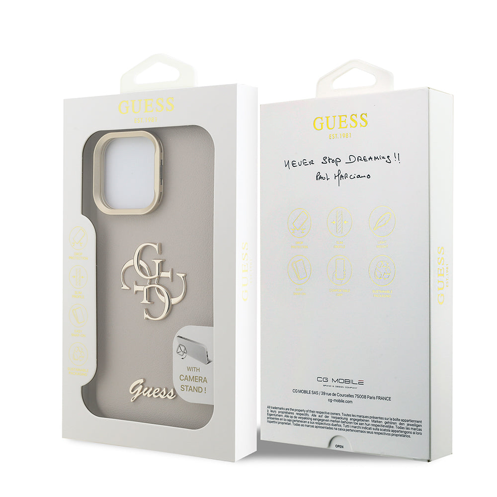 Apple iPhone 15 Pro Kılıf Guess Orjinal Lisanslı Grained Yazı Logolu Kamera Standlı Kapak Bej