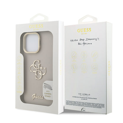 Apple iPhone 15 Pro Kılıf Guess Orjinal Lisanslı Grained Yazı Logolu Kamera Standlı Kapak Bej