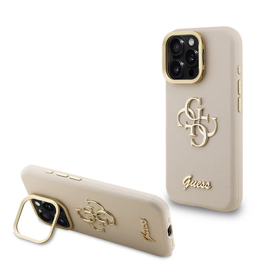 Apple iPhone 15 Pro Kılıf Guess Orjinal Lisanslı Grained Yazı Logolu Kamera Standlı Kapak Bej