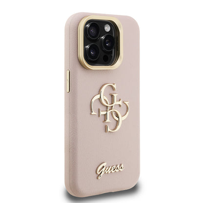 Apple iPhone 15 Pro Kılıf Guess Orjinal Lisanslı Grained Yazı Logolu Kamera Standlı Kapak Bej