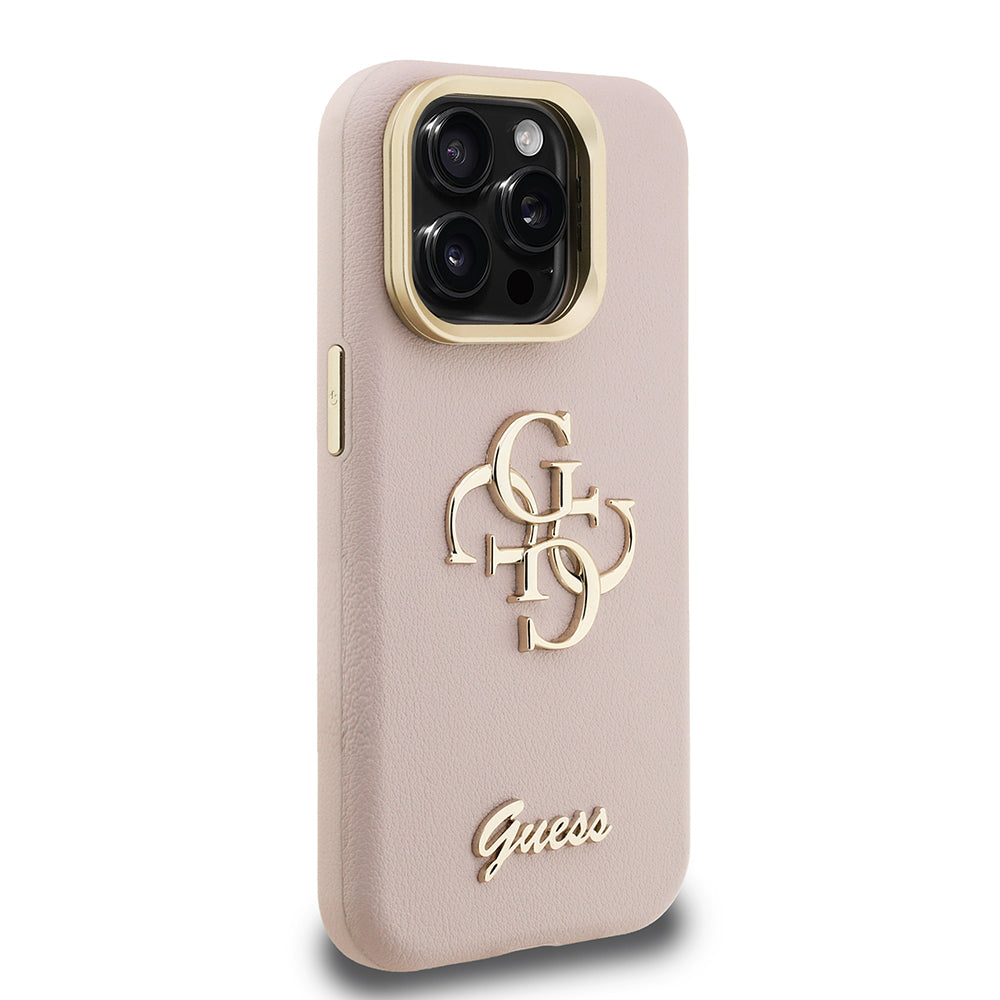 Apple iPhone 15 Pro Kılıf Guess Orjinal Lisanslı Grained Yazı Logolu Kamera Standlı Kapak Pembe