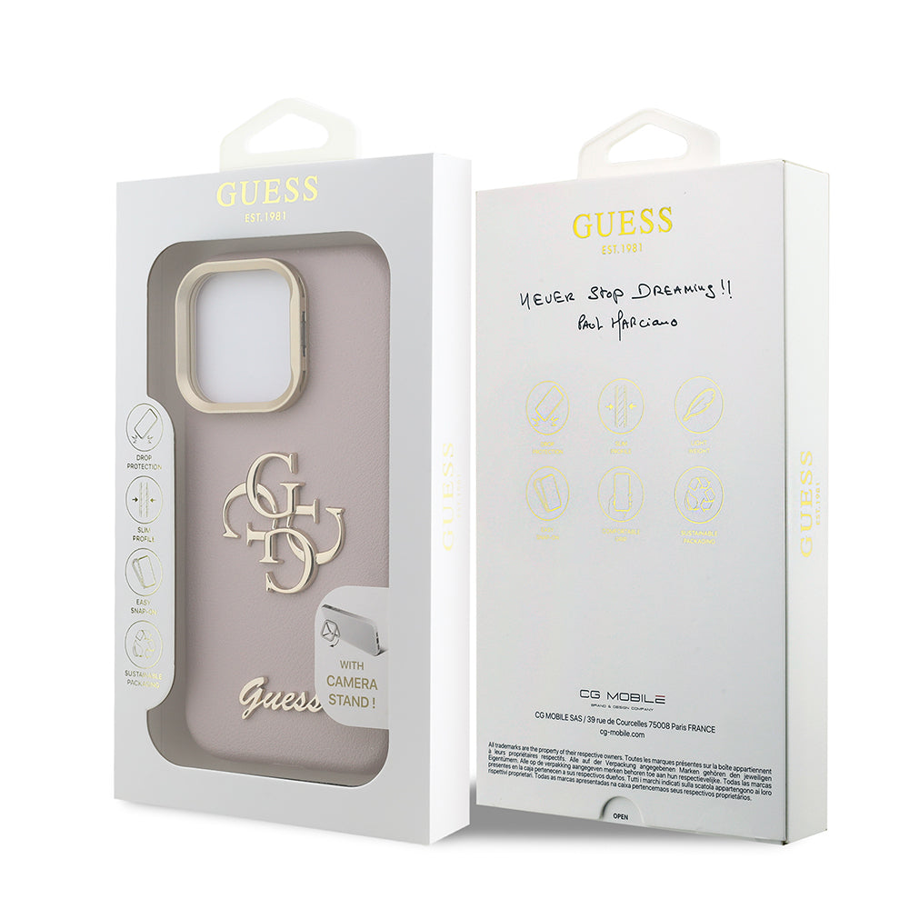 Apple iPhone 15 Pro Kılıf Guess Orjinal Lisanslı Grained Yazı Logolu Kamera Standlı Kapak Pembe
