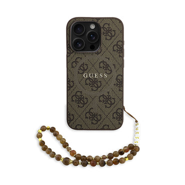 Apple iPhone 15 Pro Kılıf Guess Orjinal Lisanslı M-safe Şarj Özellikli PU Deri Bilek Askı İpli Yazı Logolu Kapak Pembe