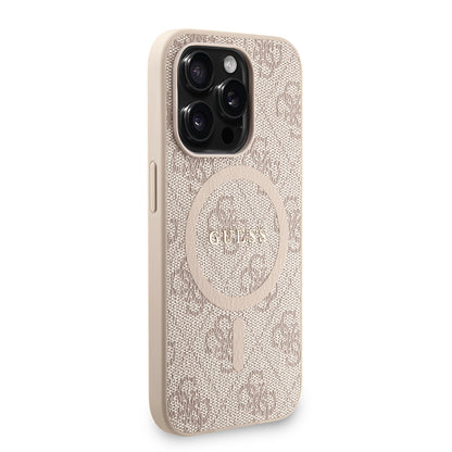 Apple iPhone 15 Pro Kılıf Guess Orjinal Lisanslı M-safe Şarj Özellikli PU Deri Bilek Askı İpli Yazı Logolu Kapak Kahverengi