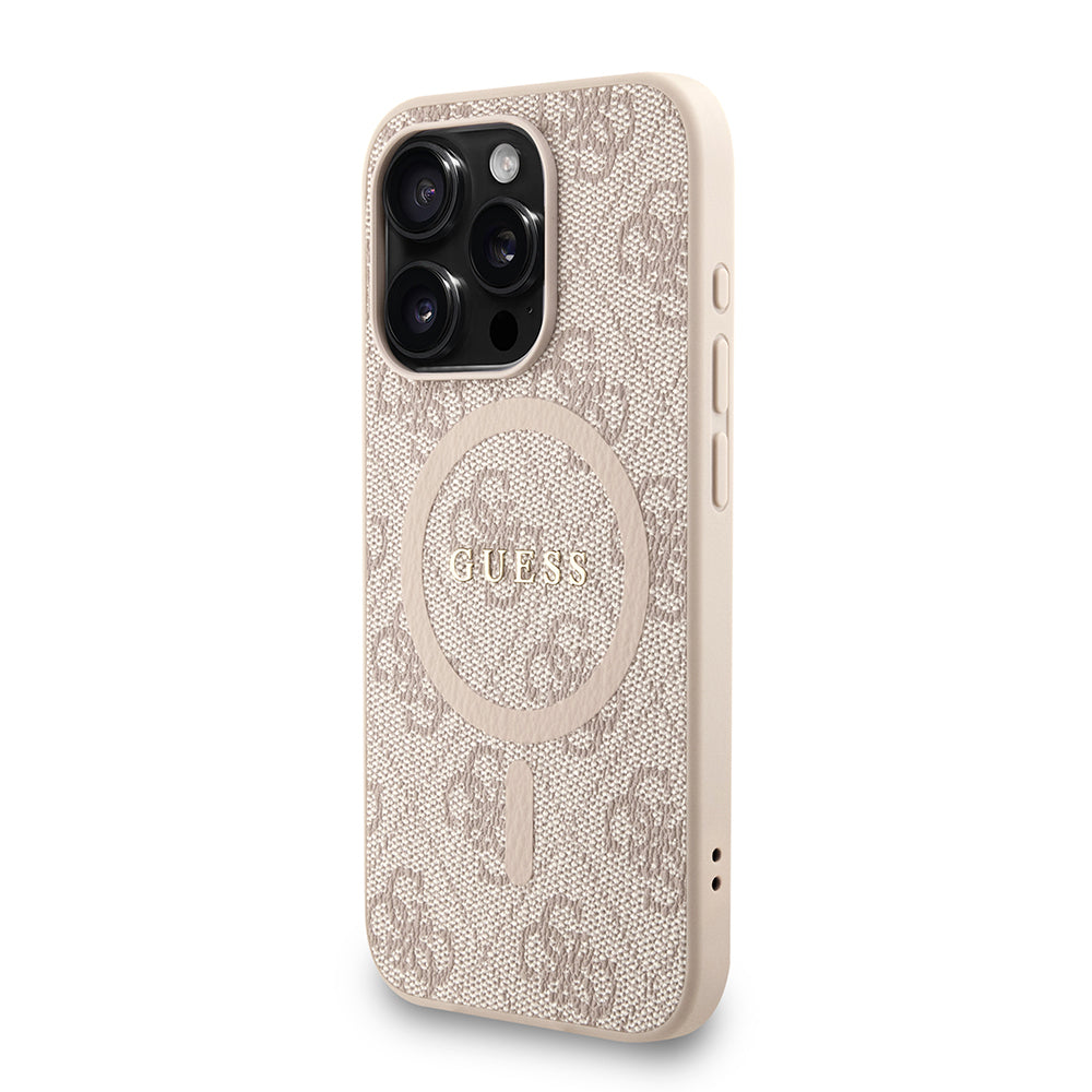 Apple iPhone 15 Pro Kılıf Guess Orjinal Lisanslı M-safe Şarj Özellikli PU Deri Bilek Askı İpli Yazı Logolu Kapak Pembe
