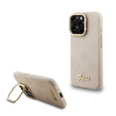 Apple iPhone 15 Pro Kılıf Guess Orjinal Lisanslı M-safe Şarj Özellikli Sıcak Baskılı Yazı Logolu Kamera Standlı PU Deri Peony Kapak Pembe