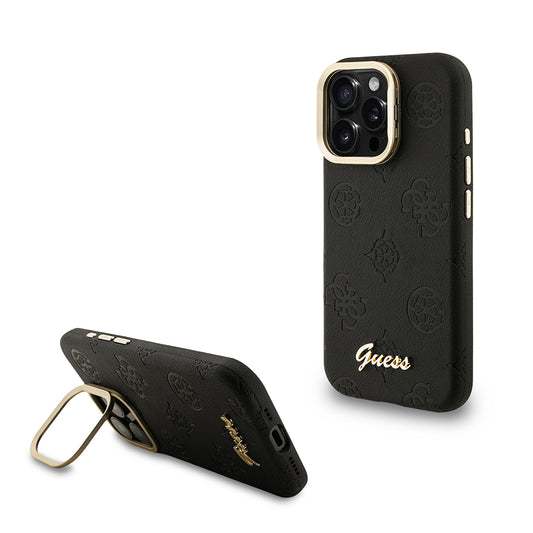 Apple iPhone 15 Pro Kılıf Guess Orjinal Lisanslı M-safe Şarj Özellikli Sıcak Baskılı Yazı Logolu Kamera Standlı PU Deri Peony Kapak Siyah