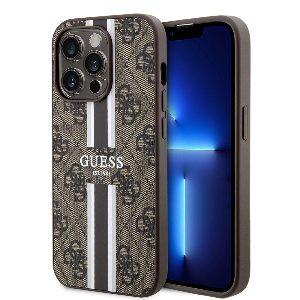 Apple iPhone 15 Pro Case Guess Original Licensed M-safe Charging Feature 4G Stripe Design Printed Cover Brown