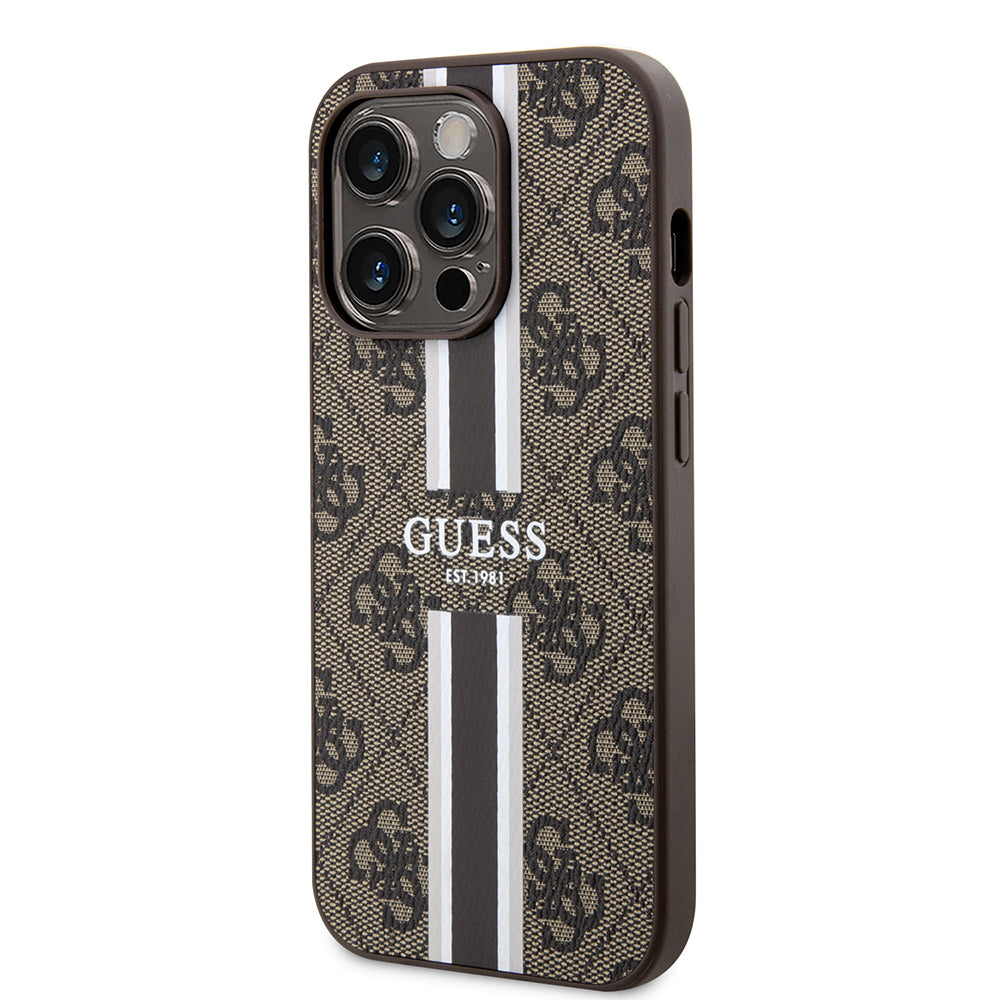 Apple iPhone 15 Pro Case Guess Original Licensed M-safe Charging Feature 4G Stripe Design Printed Cover Brown