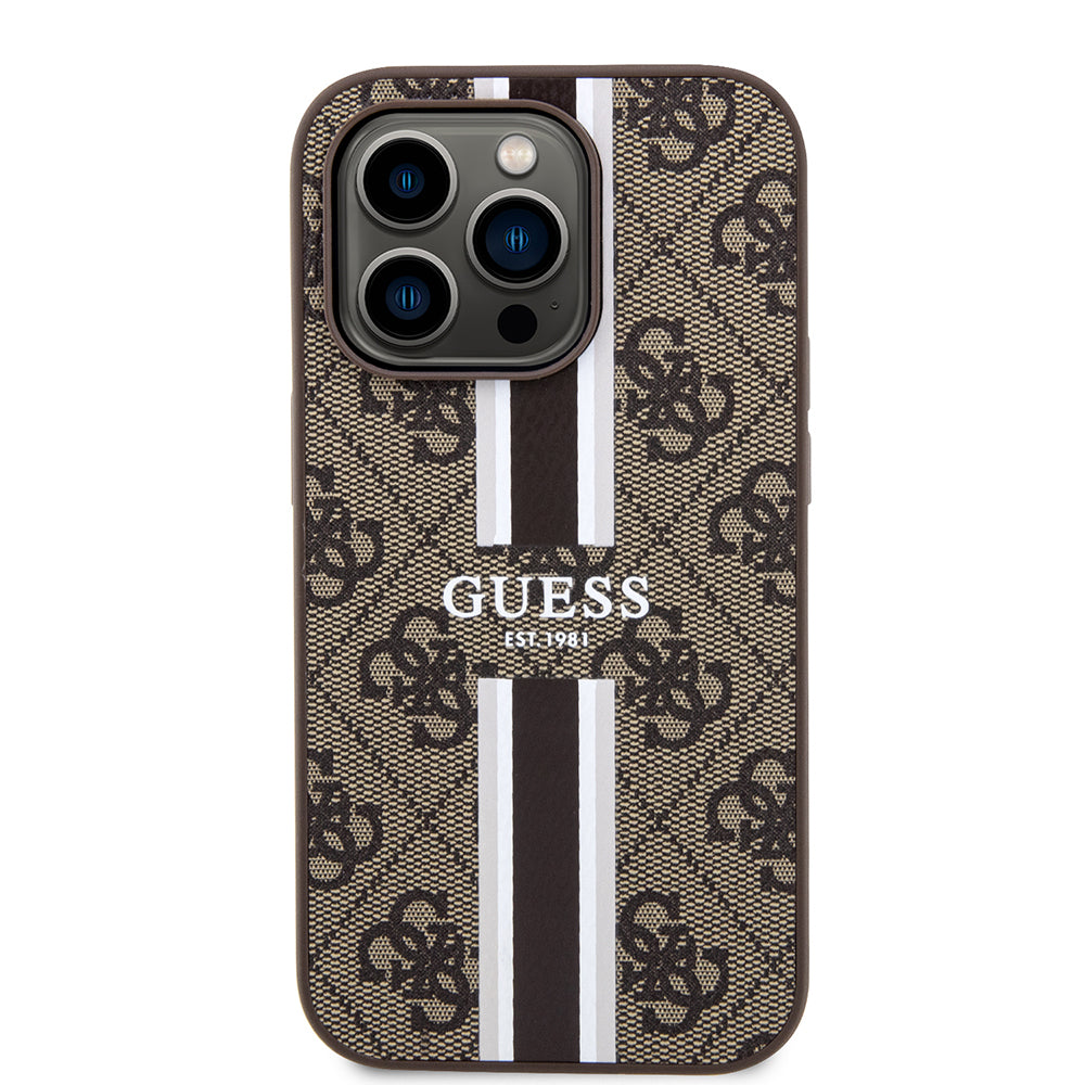 Apple iPhone 15 Pro Case Guess Original Licensed M-safe Charging Feature 4G Stripe Design Printed Cover Brown