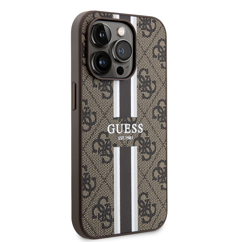 Apple iPhone 15 Pro Case Guess Original Licensed M-safe Charging Feature 4G Stripe Design Printed Cover Brown