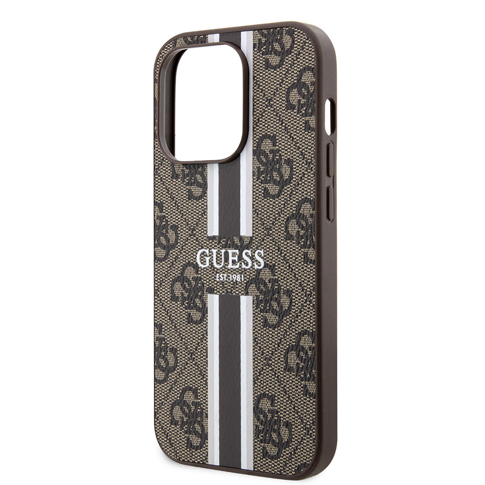 Apple iPhone 15 Pro Case Guess Original Licensed M-safe Charging Feature 4G Stripe Design Printed Cover Brown