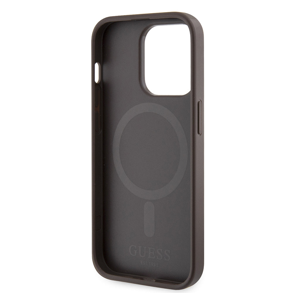 Apple iPhone 15 Pro Case Guess Original Licensed M-safe Charging Feature 4G Stripe Design Printed Cover Brown