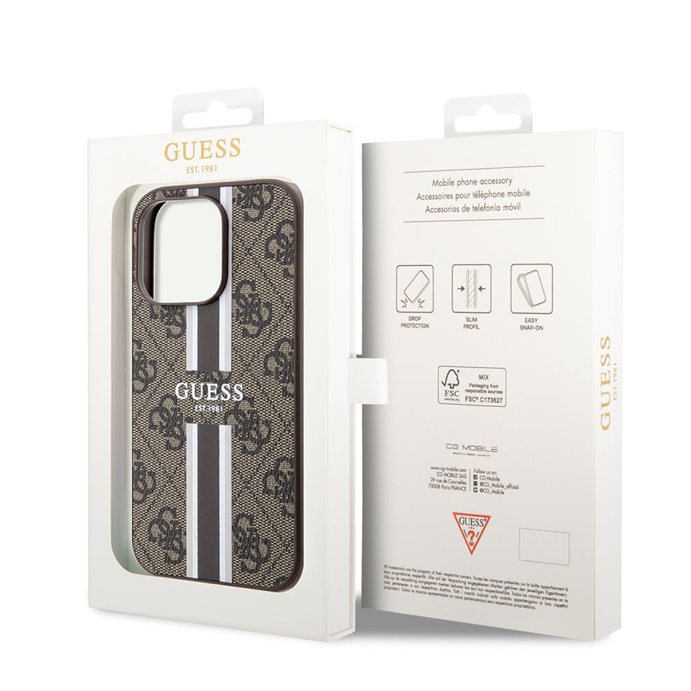 Apple iPhone 15 Pro Case Guess Original Licensed M-safe Charging Feature 4G Stripe Design Printed Cover Brown