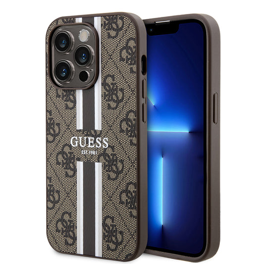 Apple iPhone 15 Pro Case Guess Original Licensed M-safe Charging Feature 4G Stripe Design Printed Cover Brown