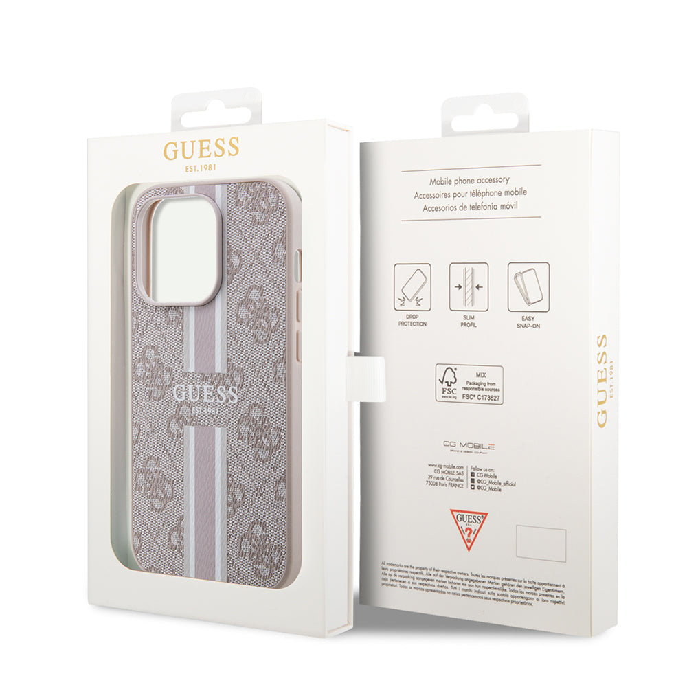 Apple iPhone 15 Pro Case Guess Original Licensed M-safe Charging Feature 4G Stripe Design Printed Cover Brown