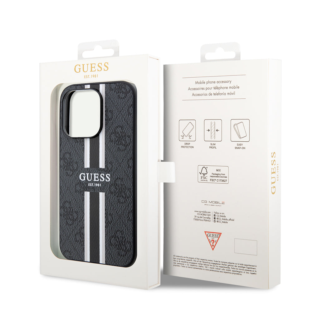 Apple iPhone 15 Pro Case Guess Original Licensed M-safe Charging Feature 4G Stripe Design Printed Cover Brown