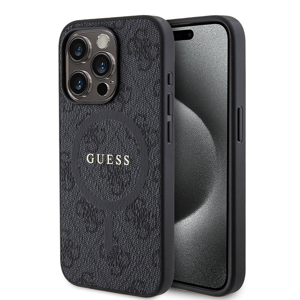 Apple iPhone 15 Pro Case Guess Original Licensed M-safe Charging Feature PU Ring 4G Patterned Text Logo Cover Black