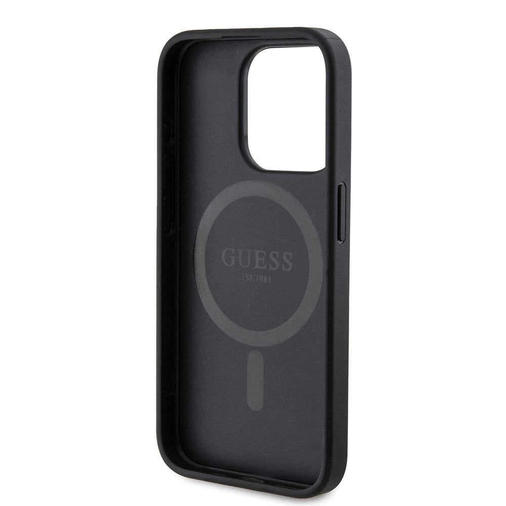 Apple iPhone 15 Pro Case Guess Original Licensed M-safe Charging Feature PU Ring 4G Patterned Text Logo Cover Black
