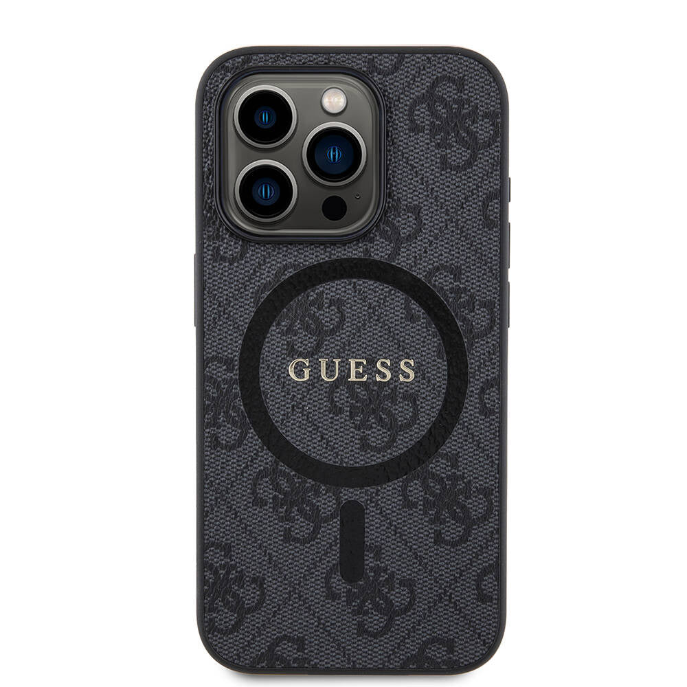 Apple iPhone 15 Pro Case Guess Original Licensed M-safe Charging Feature PU Ring 4G Patterned Text Logo Cover Black