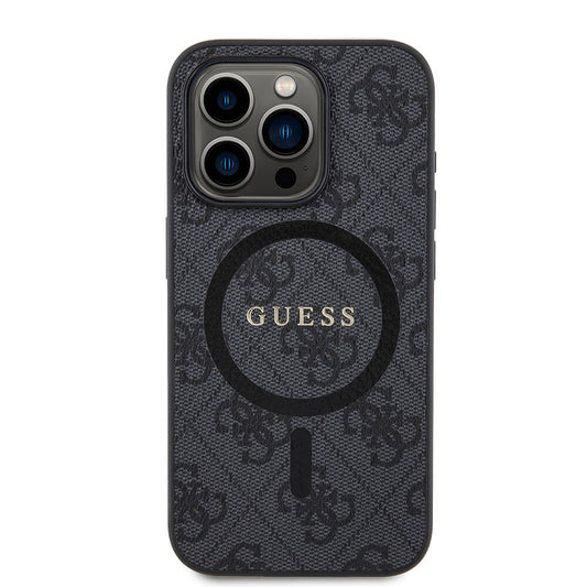Apple iPhone 15 Pro Case Guess Original Licensed M-safe Charging Feature PU Ring 4G Patterned Text Logo Cover Black