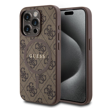 Apple iPhone 15 Pro Case Guess Original Licensed M-safe Charging Feature PU Ring 4G Patterned Text Logo Cover Pink