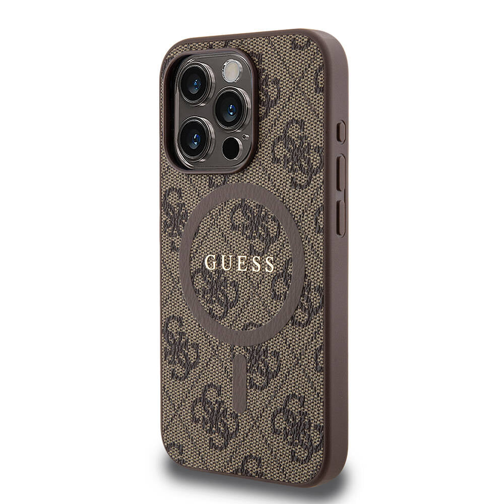 Apple iPhone 15 Pro Case Guess Original Licensed M-safe Charging Feature PU Ring 4G Patterned Text Logo Cover Pink