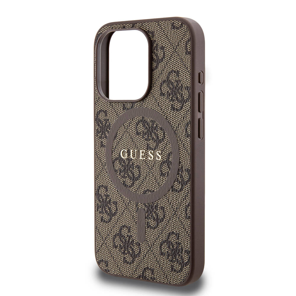Apple iPhone 15 Pro Case Guess Original Licensed M-safe Charging Feature PU Ring 4G Patterned Text Logo Cover Pink