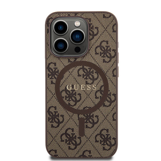 Apple iPhone 15 Pro Case Guess Original Licensed M-safe Charging Feature PU Ring 4G Patterned Text Logo Cover Brown