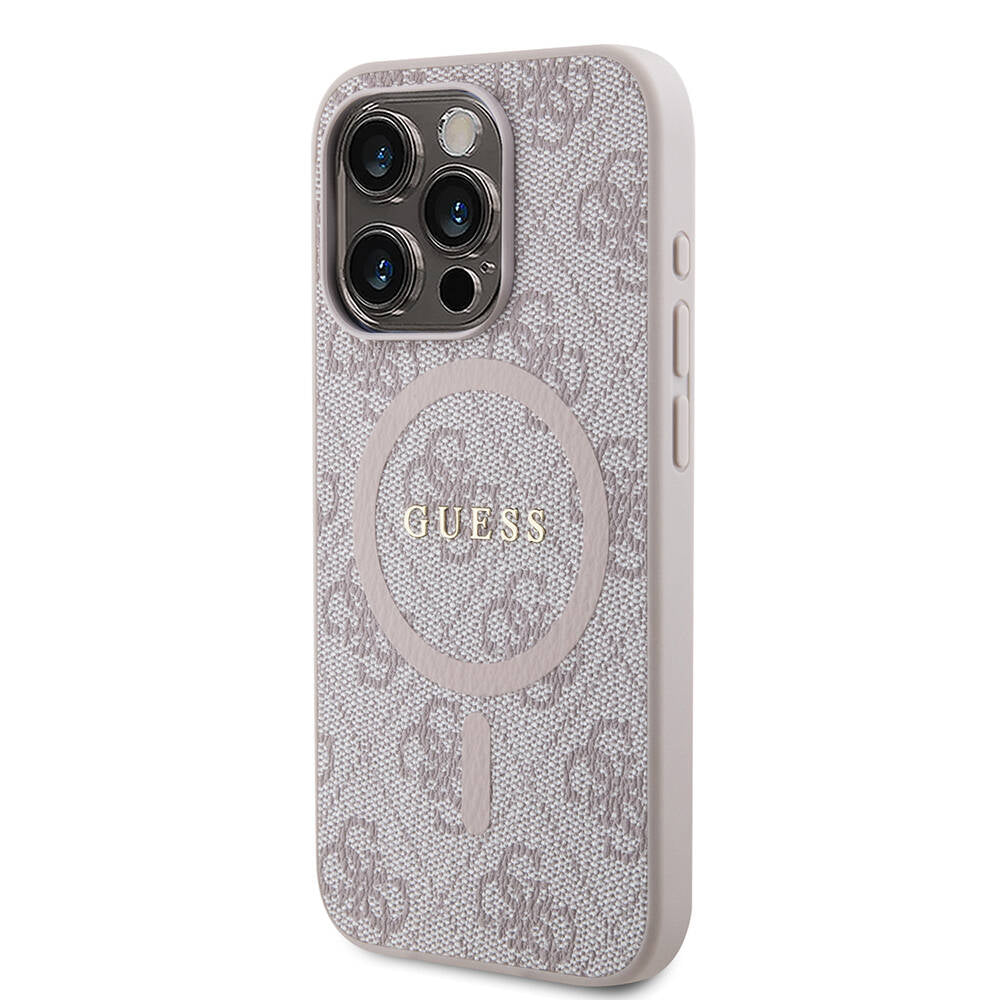 Apple iPhone 15 Pro Case Guess Original Licensed M-safe Charging Feature PU Ring 4G Patterned Text Logo Cover Pink