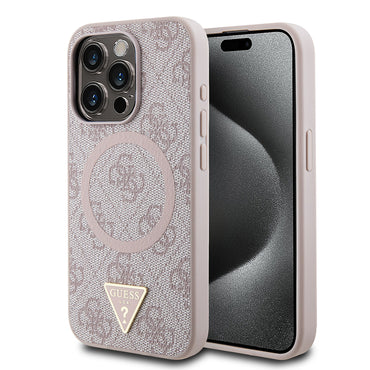 Apple iPhone 15 Pro Case Guess Original Licensed M-safe Charging Feature PU Triangle Logo 4G Patterned Cover Pink
