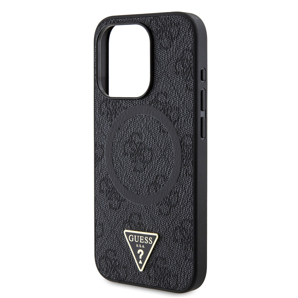 Apple iPhone 15 Pro Case Guess Original Licensed M-safe Charging Feature PU Triangle Logo 4G Patterned Cover Black