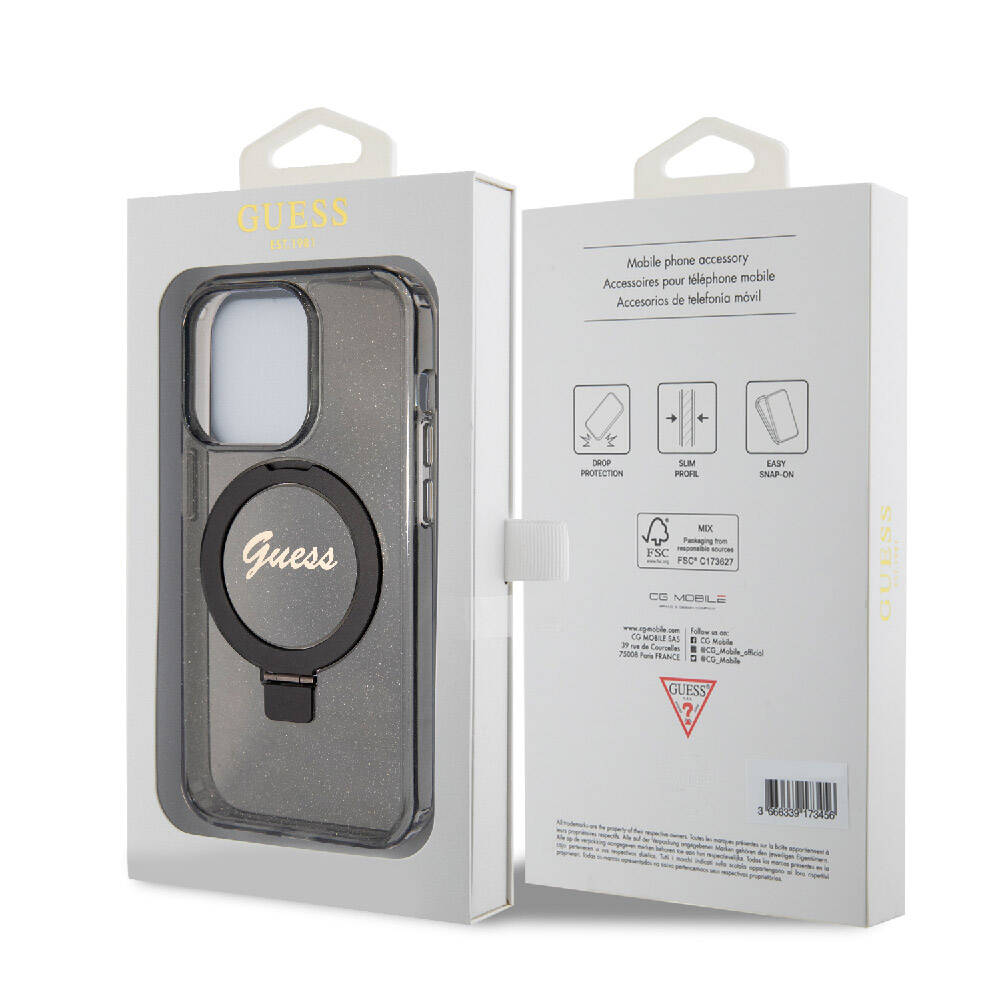 Apple iPhone 15 Pro Case Guess Original Licensed M-safe Charging Feature Glittery Back Surface Ring Stand Cover Colorless 