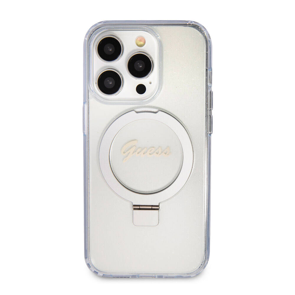 Apple iPhone 15 Pro Case Guess Original Licensed M-safe Charging Feature Glittery Back Surface Ring Stand Cover Colorless 