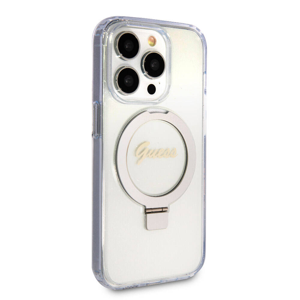 Apple iPhone 15 Pro Case Guess Original Licensed M-safe Charging Feature Glittery Back Surface Ring Stand Cover Colorless 
