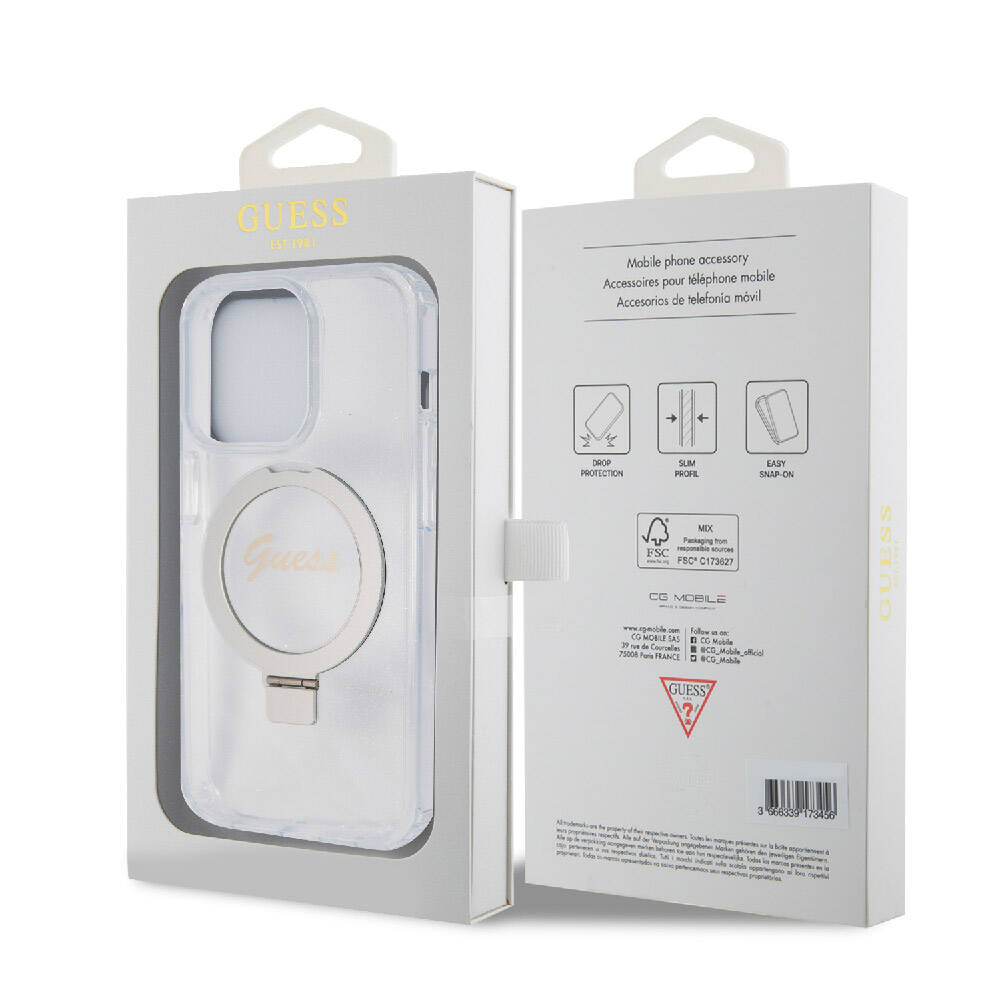 Apple iPhone 15 Pro Case Guess Original Licensed M-safe Charging Feature Glittery Back Surface Ring Stand Cover Colorless 