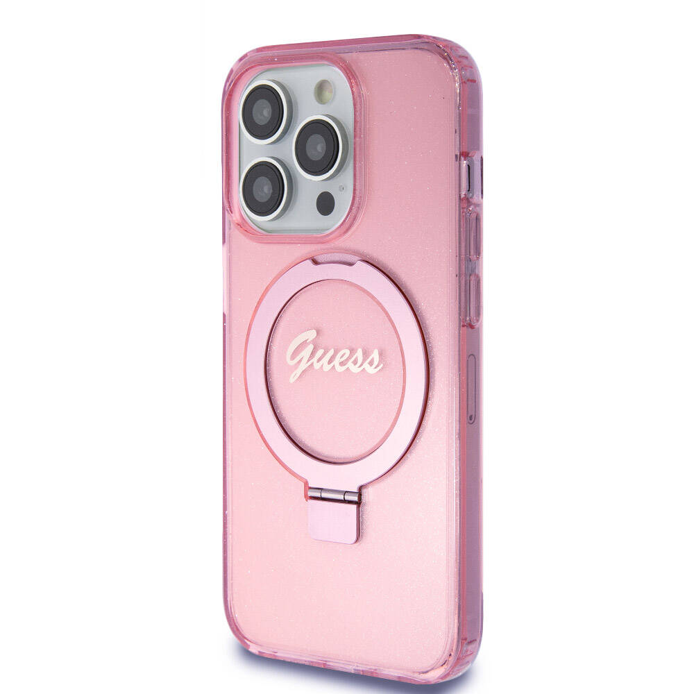 Apple iPhone 15 Pro Case Guess Original Licensed M-safe Charging Feature Glitter Back Surface Ring Stand Cover Black
