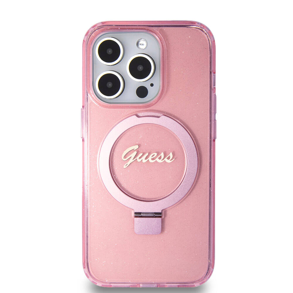 Apple iPhone 15 Pro Case Guess Original Licensed M-safe Charging Feature Glitter Back Surface Ring Stand Cover Black