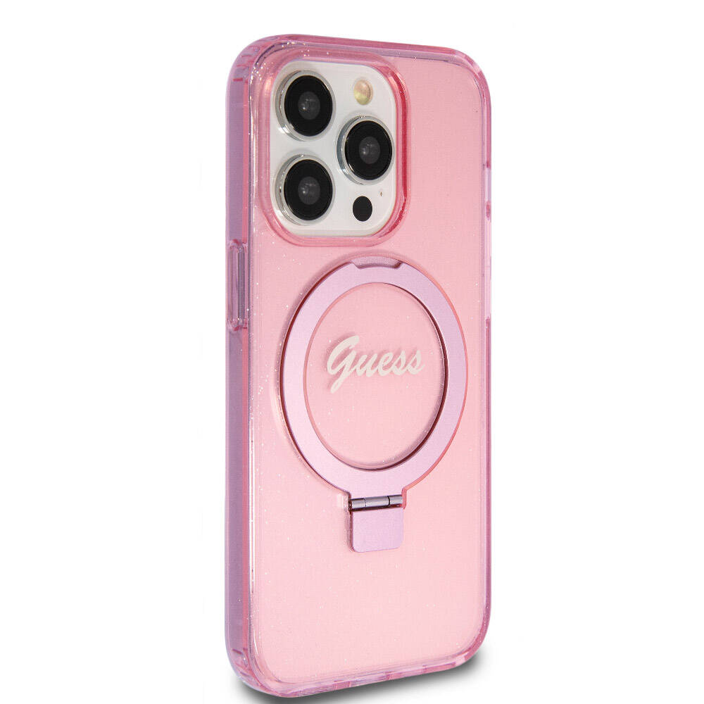 Apple iPhone 15 Pro Case Guess Original Licensed M-safe Charging Feature Glittery Back Surface Ring Stand Cover Colorless 