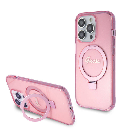Apple iPhone 15 Pro Case Guess Original Licensed M-safe Charging Feature Glitter Back Surface Ring Stand Cover Pink 